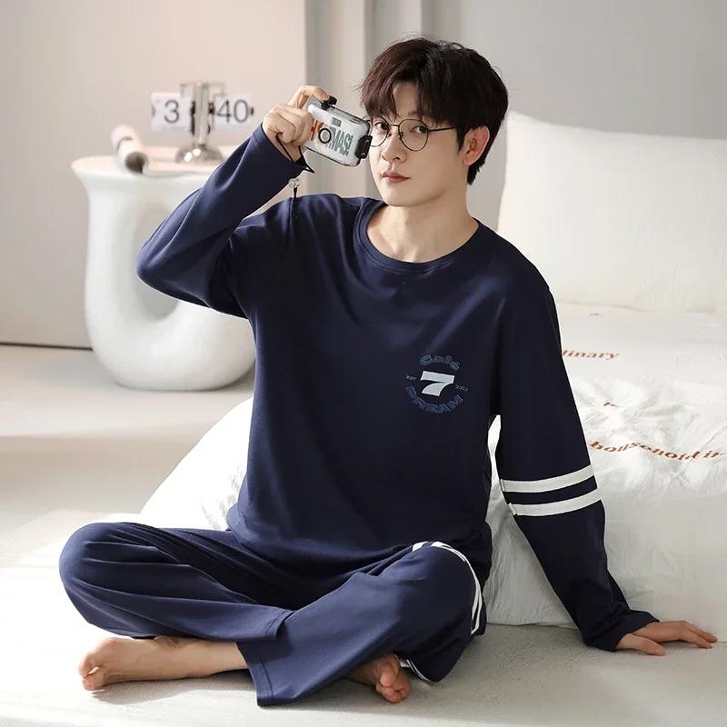 Полосатый хлопок Мужская ночная рубашка весна и осень O-образный вырез Домашняя одежда Длинный спальный топ брюки пижамы для мальчиков пижамы Hombre