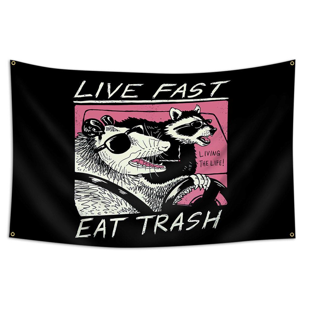 Live Fast Eat Trash Funny Raccoon Opossum Tapestry Wall Decor Dorm Bedroom Aesthetic Background