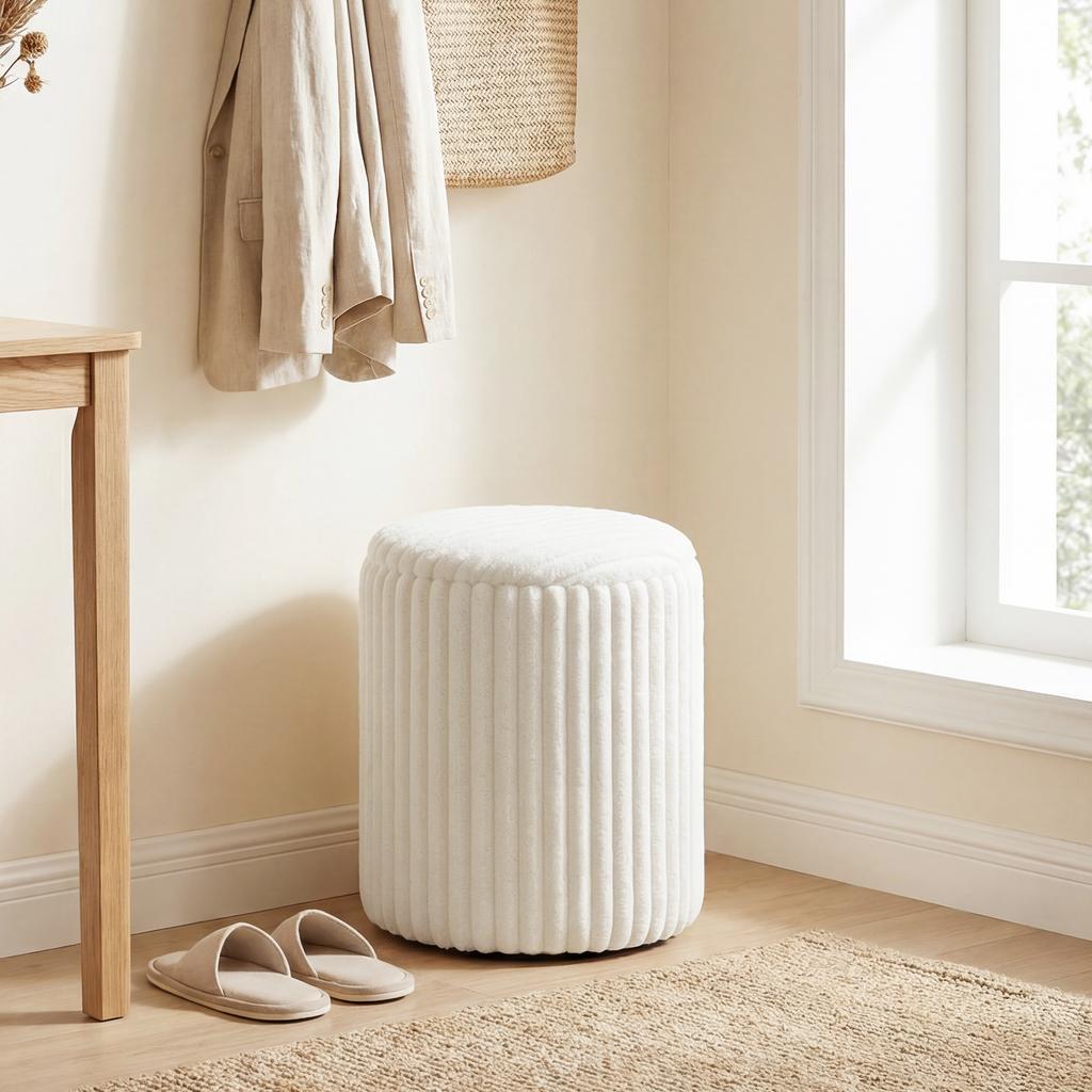 Storage Ottoman With Reversible Lid Modern Cord Seat Stool For Living Room And Bedroom White