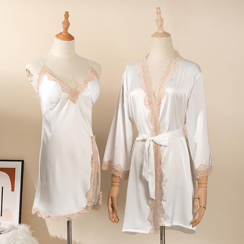 Женский банный халат с кружевной отделкой, ночная рубашка с подтяжками, комплект из двух предметов, сексуальный мини-халат из вискозы, свободная повседневная домашняя одежда