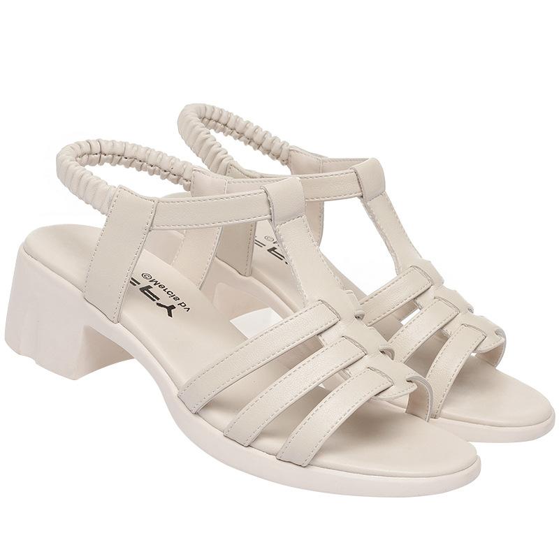 Модные удобные дышащие мягкие кожаные сандалии-гладиаторы, лето 2024, женские туфли на среднем каблуке, черные для офиса, мамы, пляжа, грации