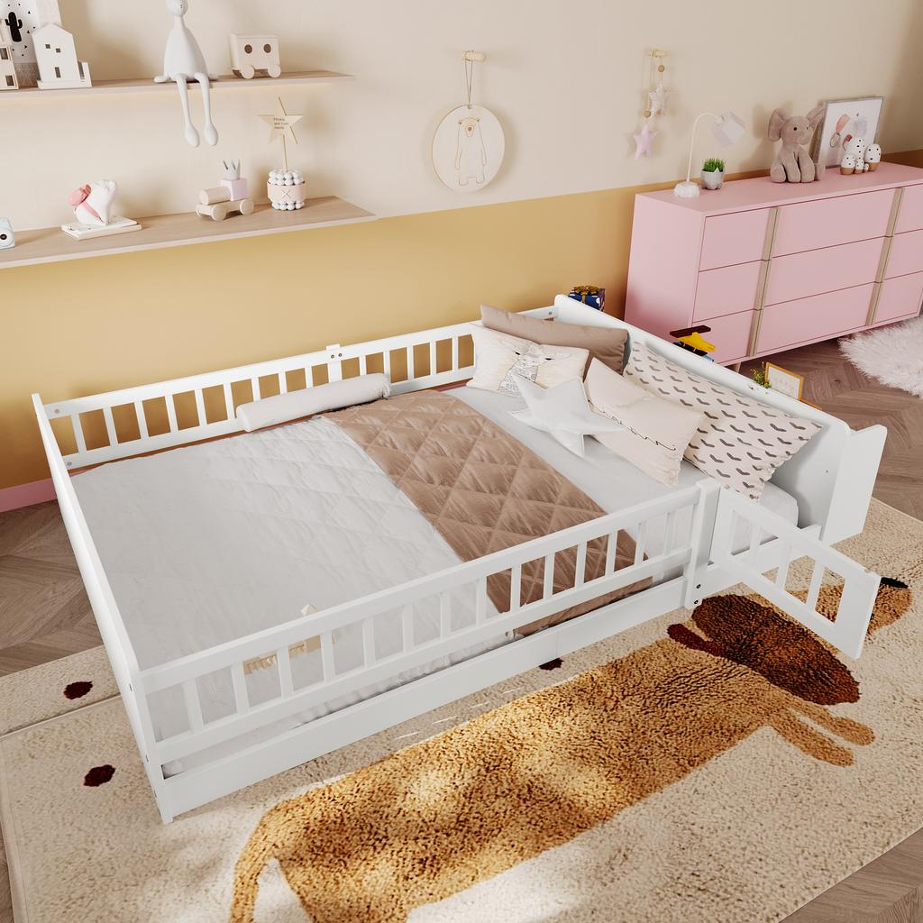 Wooden Bed, Children's Bed, 140 x 190cm, Pine Wood, Open Storage, Shelves, Openable Housing, without Mattress, white