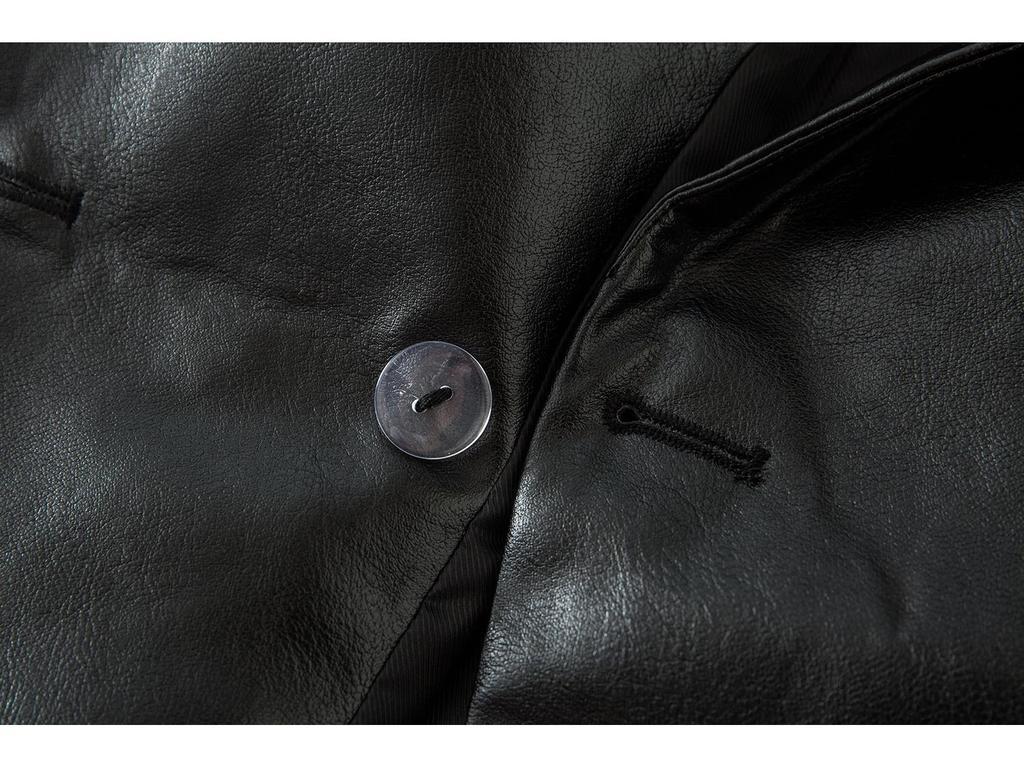 Black Long Sleeve Slim Fit Faux Leather Jacket with Suit Collar - Fall/Winter Collection