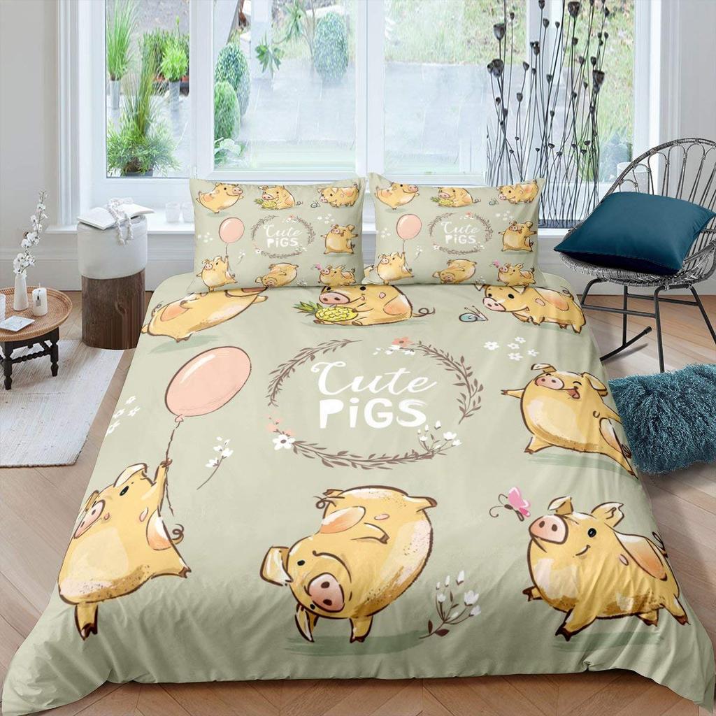 Cartoon Kawaii Pig King Queen Duvet Cover Happy Farm Animal Bedding Set Pink Piggy Quilt Cover 2/3pcs Polyester Comforter Cover