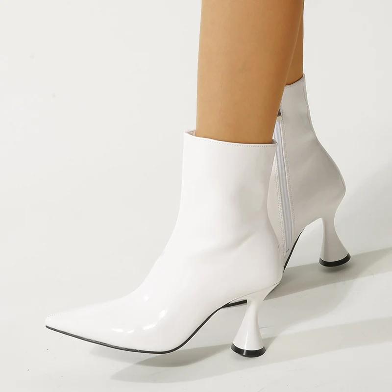 2024 Модные женские сапоги из лакированной кожи, зимние ботильоны карамельного цвета, сексуальные заостренные носки на высоком каблуке, женская обувь, ботинки на молнии