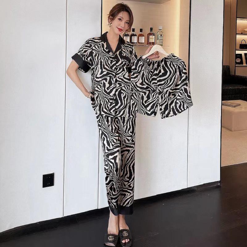 Ice Silk Couple Pajamas: Summer Silk Three-Piece Set with Short Sleeve, Shorts, and Long Pants In Elegant Horse Pattern for Homewear.