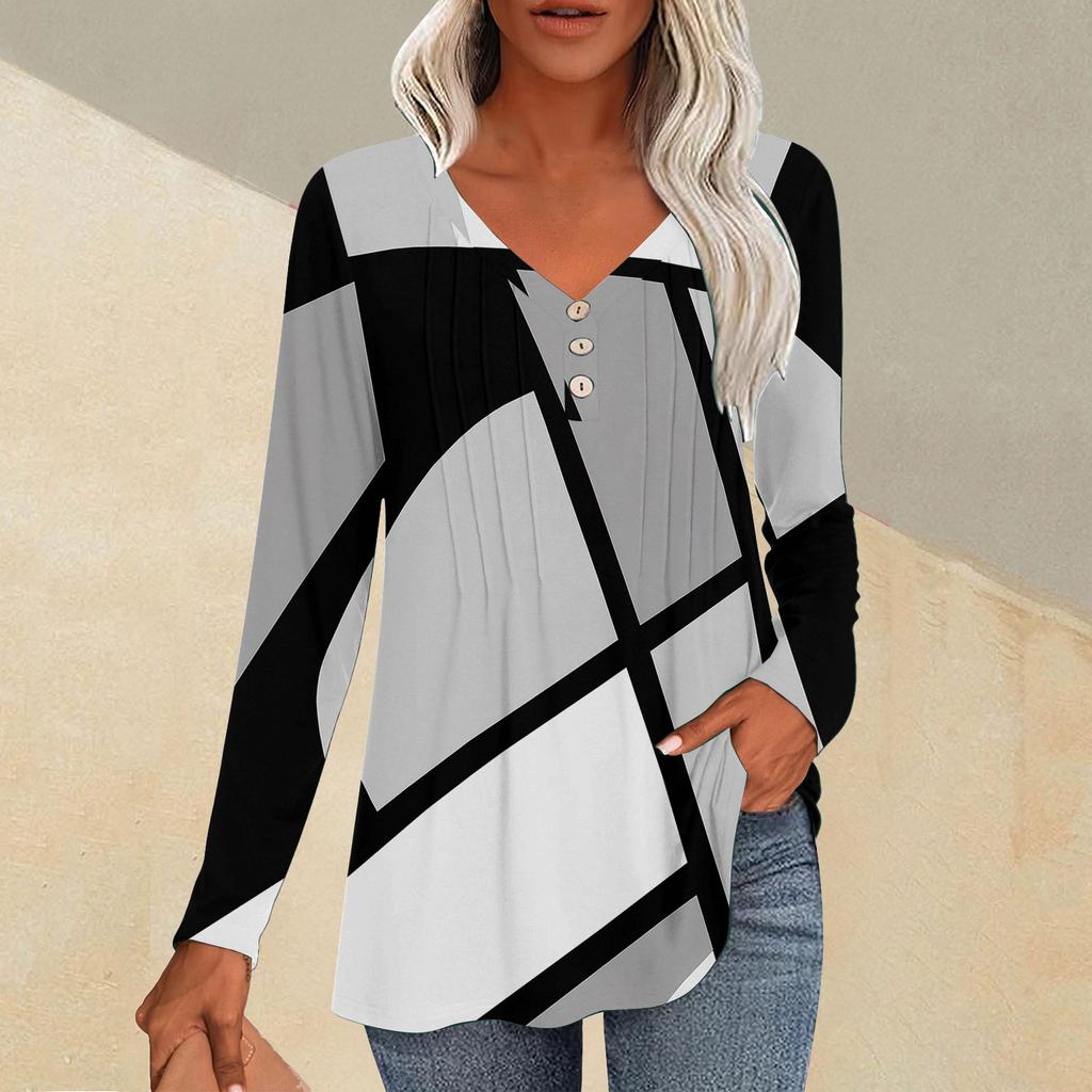 Fashion Tops Casual Pleated V-Neck Line Printed Long Sleeve T-Shirt