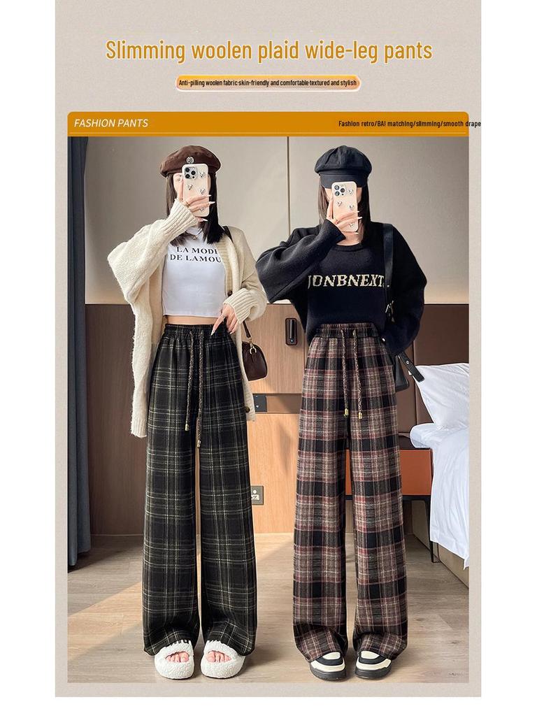 Women's Retro High-Waist Wool Plaid Pants - Contrast Color, Wide-Leg, Floor-Length, Velvet-Lined for Autumn/Winter 2024