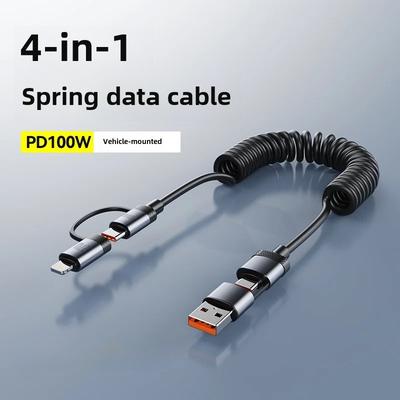 100 Вт двойной пружинный кабель передачи данных USB Type C для iPhone 16 Huawei Samsung S25 6A удлиняемый четыре в одном USB C шнур для быстрой зарядки