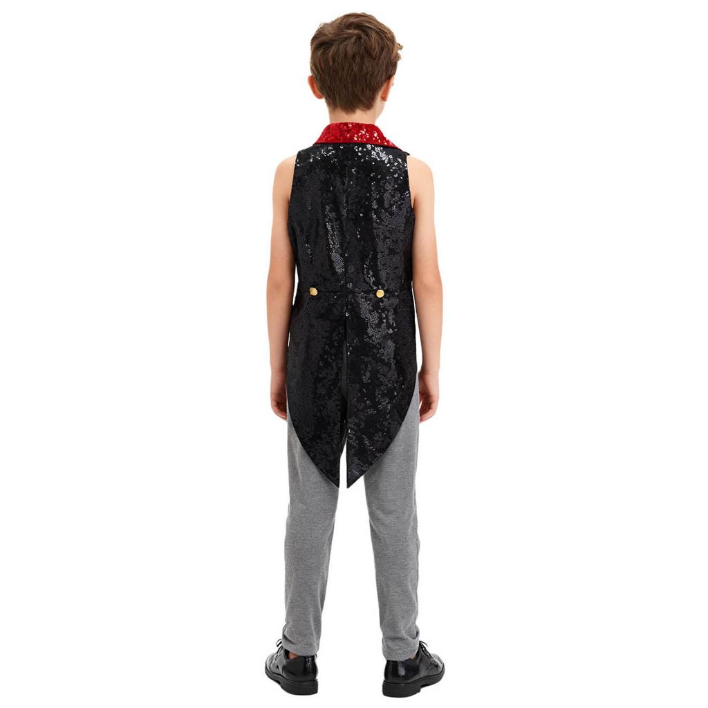 Boys Sparkly Sequins Medieval Vest Front Zip Victorian Waistcoat Circus Tailcoat Halloween Costume