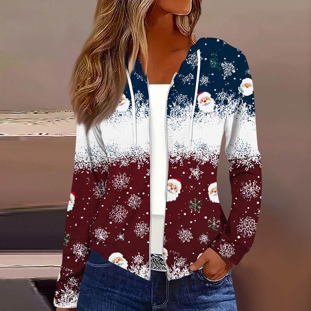 Women's Fashion Christmas Print Casual Zip-Up Long-Sleeved Hooded Jacket