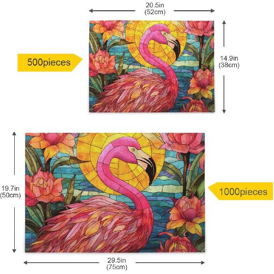 Витражный Фламинго Пазл 500 Деталей, Пазл с Мешочком для Хранения и Справочным Изображением Легко Собирать