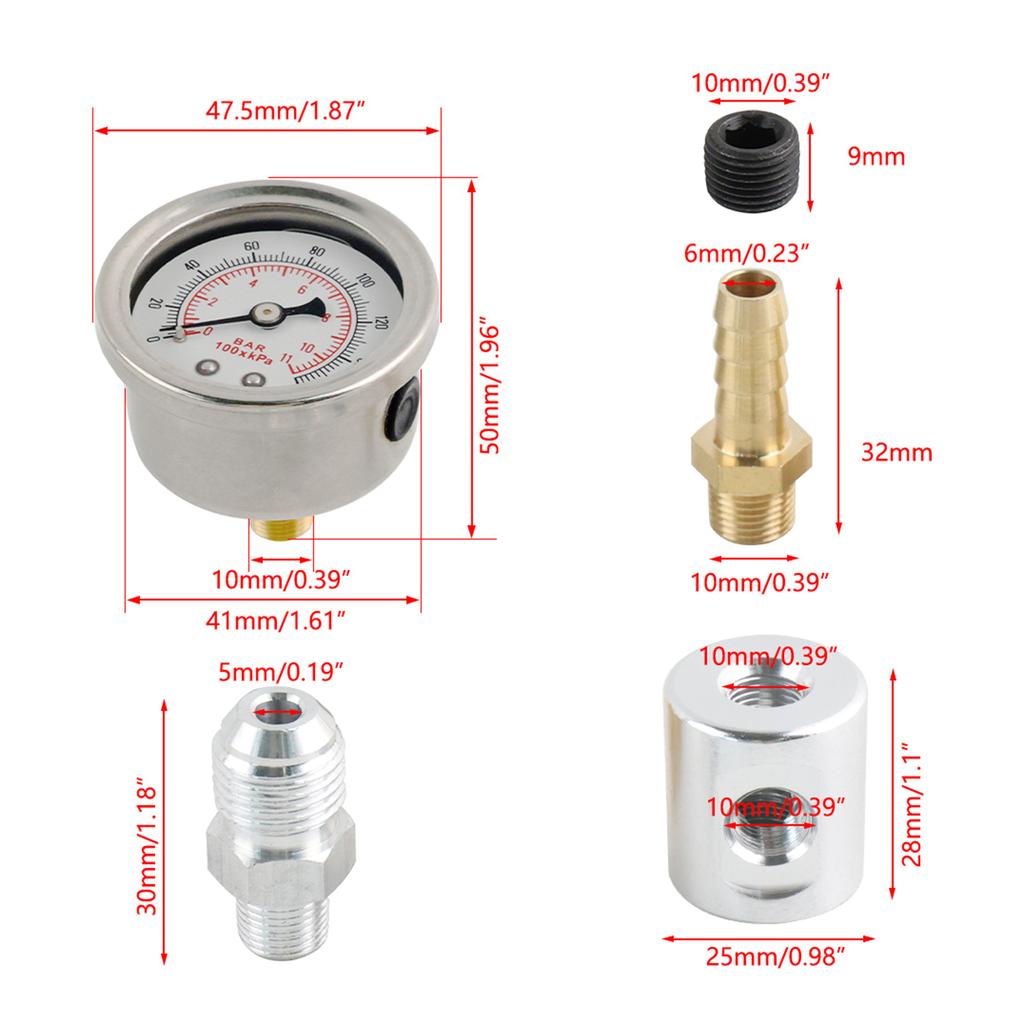 Универсальный 1/8Npt топливный манометр жидкостный полированный корпус 0-160Psi и комплект адаптеров для автомобильных систем впрыска топлива