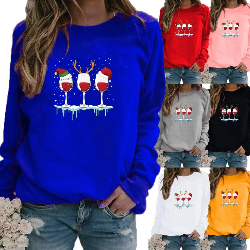 Women Autumn and Winter Clothing Christmas Deer Printed Casual Sweatshirt Long Sleeve Tops T-shirt Ladies Round Neck Pullover Blouse