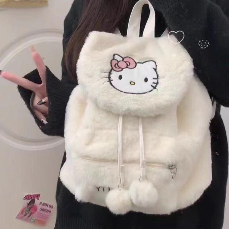Милый Плюшевый Рюкзак с Завязкой и Клапаном, My Melody Hello Kitty Pochacco, Мягкая Пушистая Школьная Сумка с Декором, Повседневный Пушистый Рюкзак