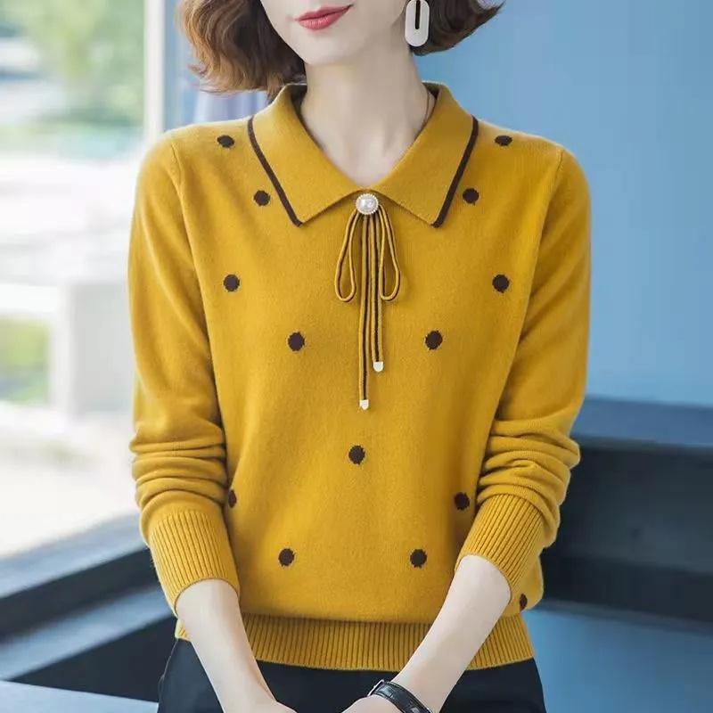 Middle-aged Mother Wear Lapel Pullover Oversized Sweater Slim Long-sleeve Womens Knitwear Bottoming Shirt Casual Tops