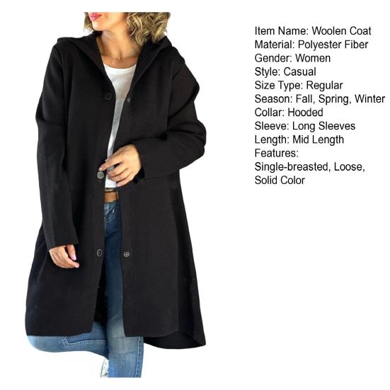 Осенне-зимняя женская шерстяная куртка с капюшоном, средней длины, с украшением в виде кольца на спине, однобортная, с длинными рукавами, однотонная, для ежедневных поездок на работу, пальто