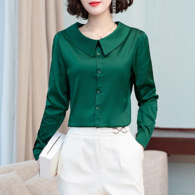 Новая осенняя рубашка с длинными рукавами из сатина с кукольным воротником для женщин, красная универсальная модная рубашка