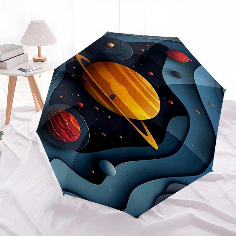 Planets, Space Themed Automatic Opening and Closing Umbrella, Brightly Colored 8-rib Portable Umbrella, Suitable for Men and Women, A Perfec