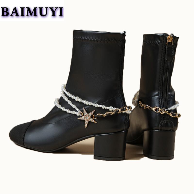 Элегантные женские ботильоны на высоком каблуке с бусинами, массивные туфли для вечеринок, 2025, трендовые зимние короткие плюшевые зимние туфли-лодочки Botas Mujer