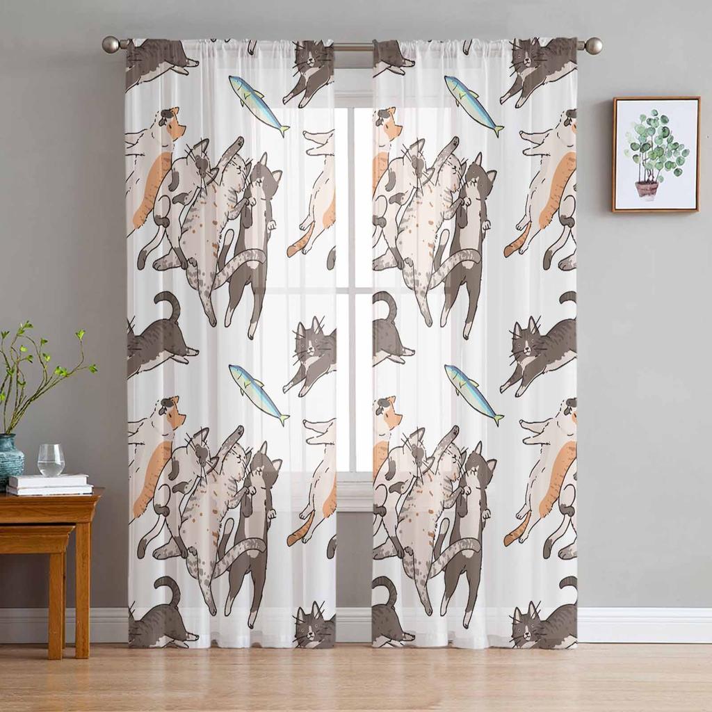 Тюлевые прозрачные шторы с рисунком кота для украшения гостиной, занавески для комнаты, спальни, кухни, вуаль, занавески из органзы
