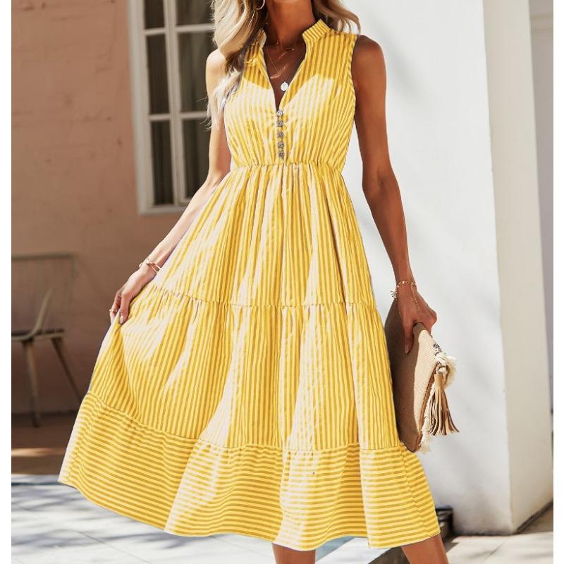 Летнее полосатое платье без рукавов с V-образным вырезом и эластичной талией, большие свободные платья для женщин, повседневные платья