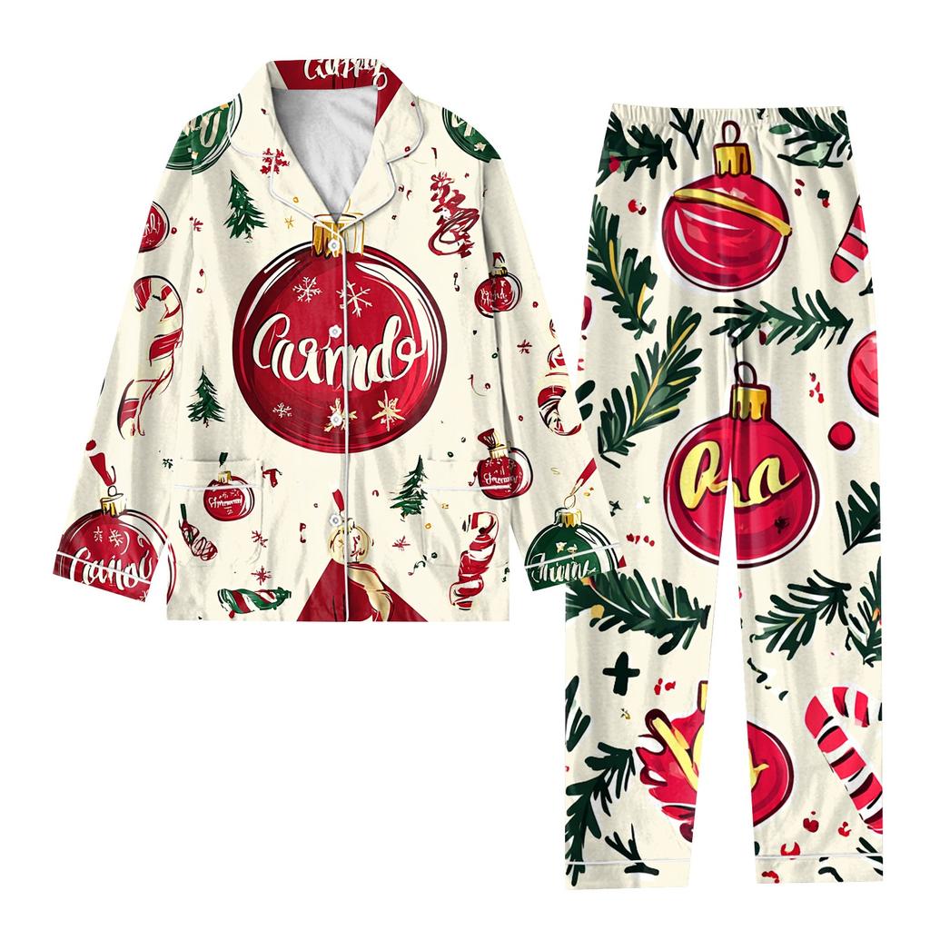 Детский рождественский костюм из 2 предметов с принтом, топ с длинными рукавами и застежкой на пуговицы, широкие брюки, комплект пижамы, домашний повседневный костюм