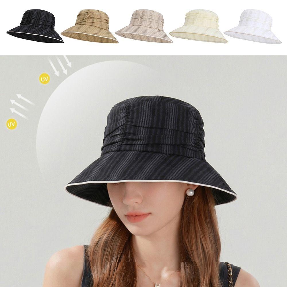 New Pleated Bucket Hat Breathable Striped Fisherman Hat Foldable Sun Protection Hat Summer