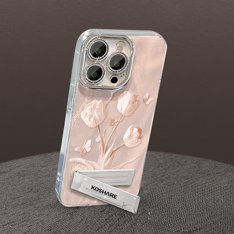 Красивый розовый браслет-тюльпан, подходящий для чехла для телефона Apple iPhone 16, 15, нишевый, с ощущением высокого класса, 14, подставка, 13, женский