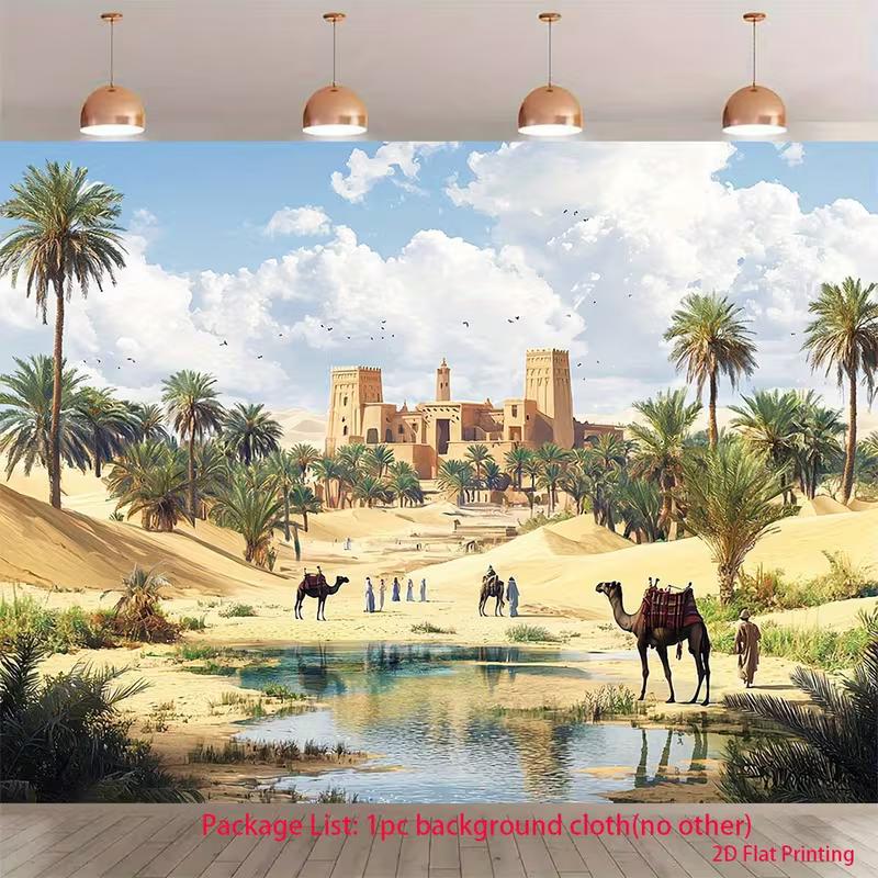 Moroccan Desert 2D Backdrop, Ancient Castle Oasis Camel Photography Background