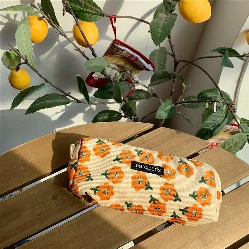 Corduroy Makeup Bags for Women Floral Print Cosmetic Bag Pencil Case Travel Toiletry Bag Storage Bag Organizer Beauty Case