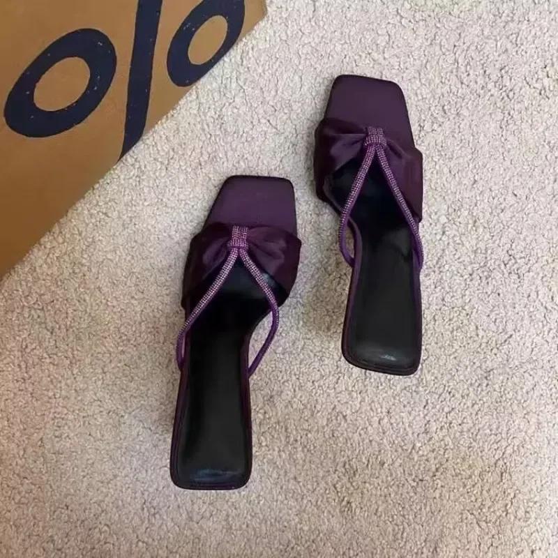 Женские тапочки на высоком каблуке с бантом и стразами, из сатина, обувь, женские, сексуальные, летние модели для платья, сандалии