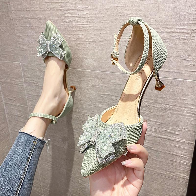 Rimocy блестящие туфли-лодочки с бантом на щиколотке, женские тканевые туфли с острым носком на высоком каблуке, женские пикантные туфли на тонком каблуке с кристаллами для вечеринок