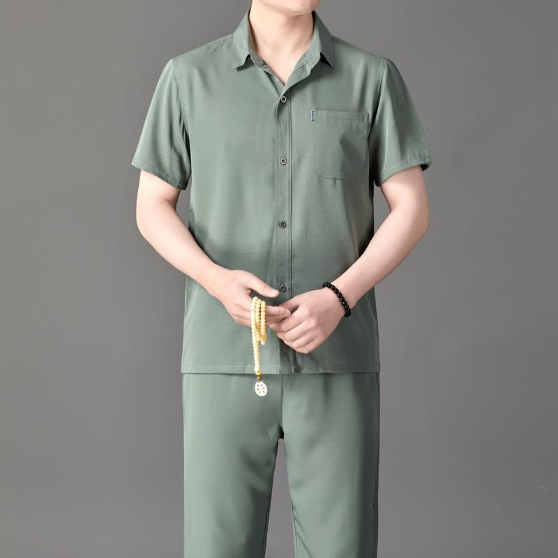 Summer Middle-aged and Elderly Men Short Sleeve Cotton Linen Shirt Set Casual Half Sleeve Loose Shirt Dad Shirt
