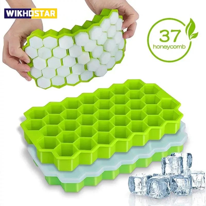 WIKHOSTAR Honeycomb Silicone Ice Cube Trays with Lids Easy-Release Stackable Ice Molds Microwave Safe DIY