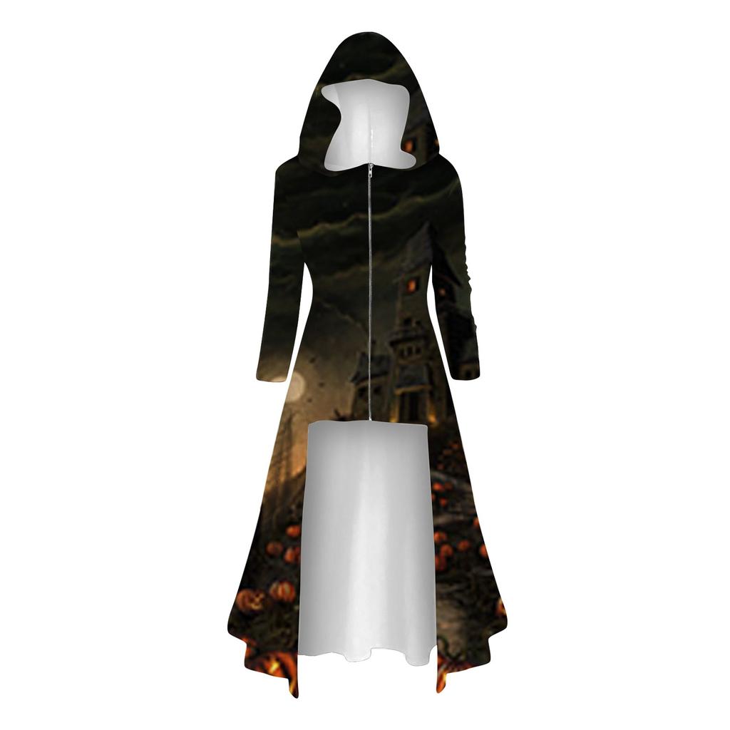 Модные женские топы на Хэллоуин с длинными рукавами и длинными капюшонами, винтажные накидки на молнии, свободные платья