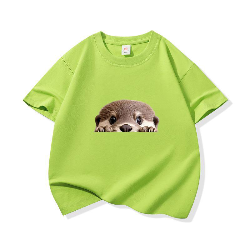 Kids Cotton T Shirt Cute Peeking Otter Print Crew Neck Short Sleeve Tee Casual Breathable Boys Girls Summer Tops