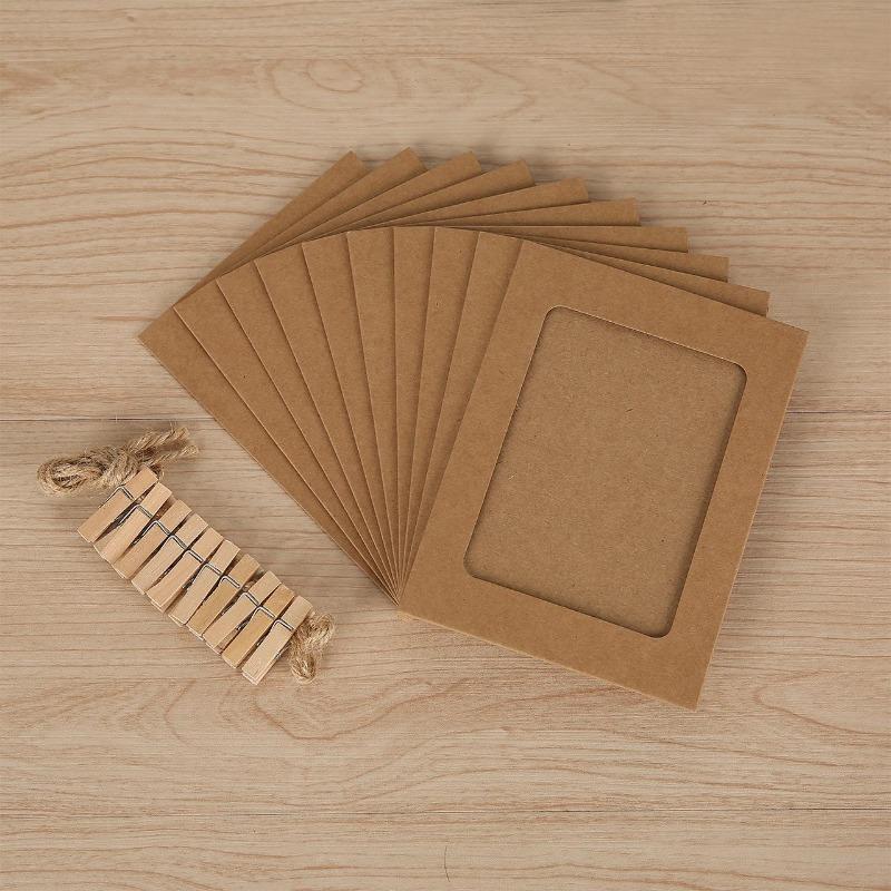 10 Pcs Combination Paper Frame with Clips DIY Kraft Paper Picture Frame Hanging Wall Photos Album 2M Rope Home Decoration Craft WBL