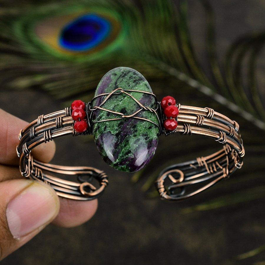 Ruby Zosite Lab-Created Handmade Copper Wire Wrap Cuff Bangle Adjustable Y8p71