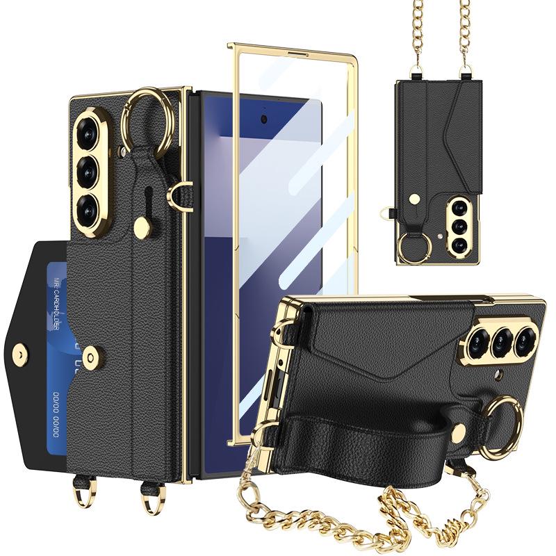 Samsung Z Fold7 Wristband Case: Fashionable Electroplated Leather with Card Holder and Lanyard