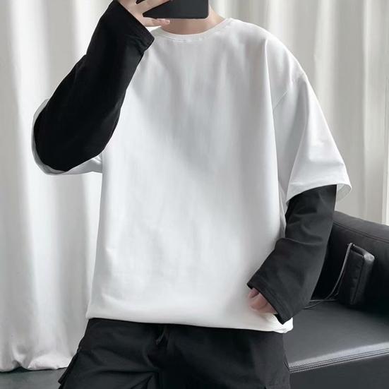Men T-shirt Fake Two Piece Round Neck Long Sleeve Contrast Color Pullover Spring Loose Patchwork Bottoming Shirt Streetwear