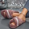 Fashion Pearl Crystal Decor Fluffy Slippers for Women Winter Plush Cross Strap Warm House Slippers Woman Open Toe Comfy Faux Fur Slides