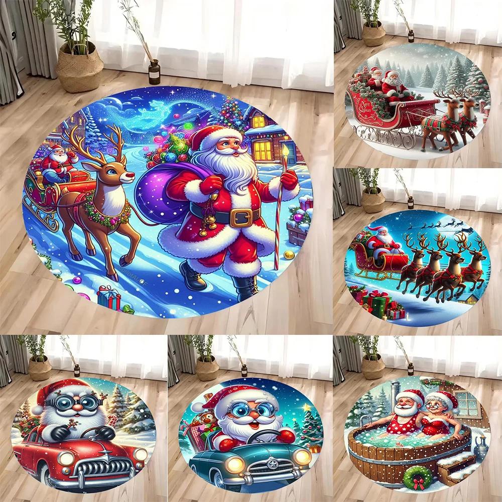 Christmas Gnome and Reindeer Circular Carpet Living Room Bedroom Mat Festive Atmosphere Decorated Christmas Tree Home Rug
