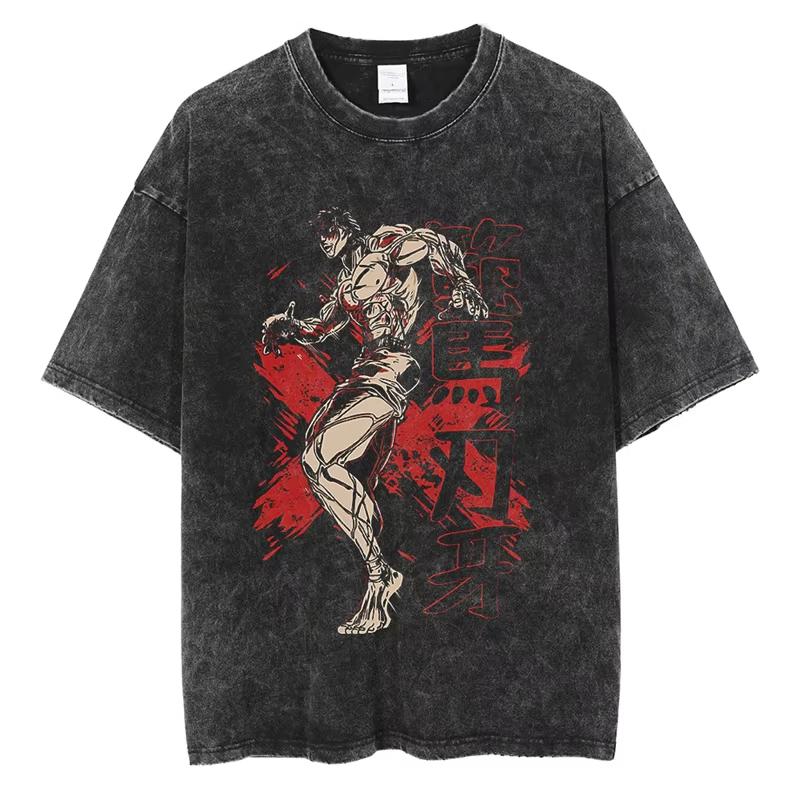 Baki Print Vintage Cotton Tshirt Men Women Summer Casual Oversized Streetwear Gym Workout Training Short Sleeve Graphic Tee