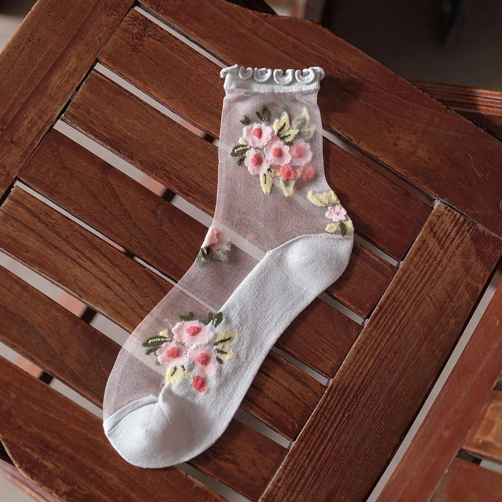 Lolita Kawaii Ruffle Socks Women Ultra-thin Transparent Summer Crystal Silk Socks Floral Embroidery Girls Cute Nylon Long Socks