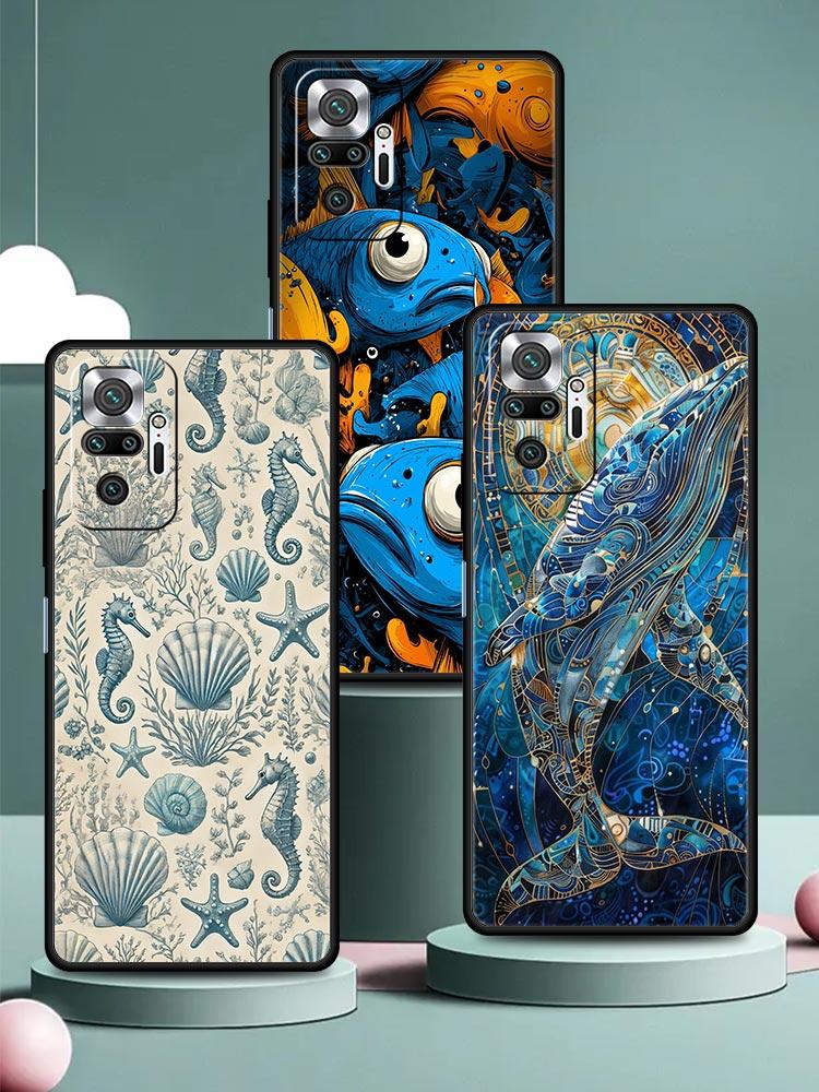 Синий чехол для телефона с изображением морской рыбы для Redmi 14C 10C Note 15 14 13 12 10 11 K40 Pro Plus 5G Ударопрочный мягкий ТПУ чехол Fundas Сумки