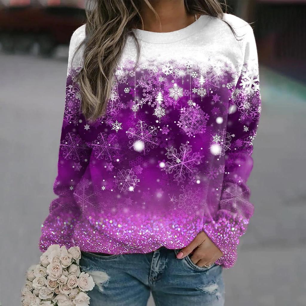 2024 Autumn and Winter Christmas Snowflake 3D Printed Women's T-Shirt Loose Casual Round Neck Long Sleeve  Top