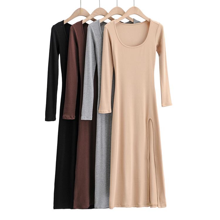 YPFF New Autumn Women's Slim Fit High Slit Long Sleeve Dress - Elegant, Sexy Solid Color Skirt