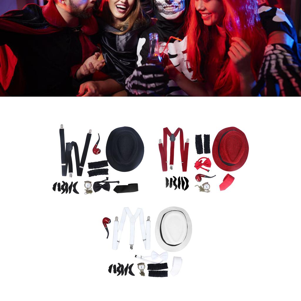 8 Pieces 1920s Grandpa Old Man Costumes Set with Suspenders Hat Watch Pipe Bow Tie Glasses Beard Kid