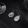 1 Pair Women Retro Hook Earrings Engraved Design Boho Faux Turquoise Dangle Earrings Vintage Ethnic Style Earrings Jewelry Gift